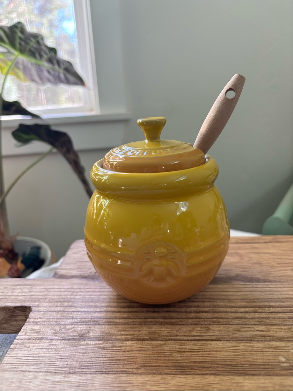Le Creuset Discontinued Yellow Ceramic Honey Pot with Wooden Dipper